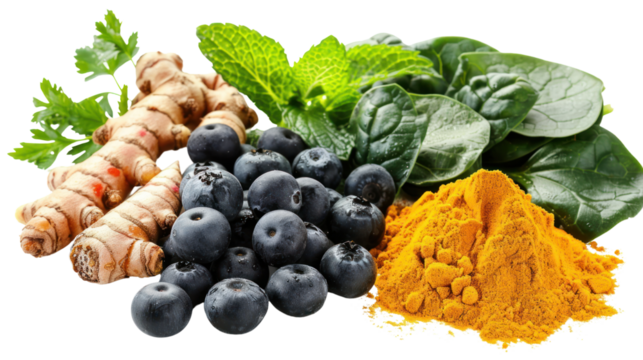 Anti-inflammatory foods like turmeric, berries, and green leafy vegetables Helps promote overall health on a white background