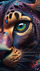 animal eyes and galaxy,Close-up of a animal eye, a cat's eye, and a painted eye in a fantasy or abstract style.