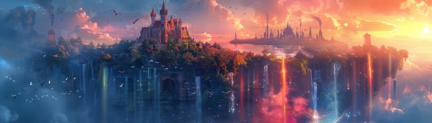 Enchanting fantasy landscape with a majestic castle and vibrant sky,