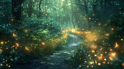 Enchanting forest pathway illuminated by ethereal fireflies creating a magical and serene atmosphere in the midst of lush greenery.