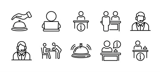 Reception desk line icon set. Containing receptionist, hotel bell, customer service, counter, information, registration, reservation, staff, guest, client, assistance, cashier. Vector illustration