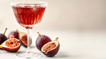 A close shot of fig purple cocktail in a glass on plain backdrop decorated with figs with a big space for text or product advertisement background, Generative AI.