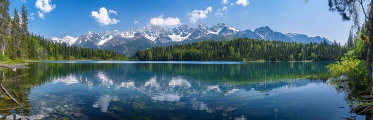 A panoramic view of the lake surrounded by dense forests and snowcapped mountains