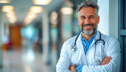 Close up portrait of a medical professional doctor wear coat holding a stethoscope and standing with his arms crossed for Healthcare, medical staff concept , Photo by AI generative. - Powered by Adobe