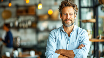 Fototapeta premium Happy businessman standing with arms crossed and smiling in modern office for leadership and business startup concept , Photo by AI Generative.