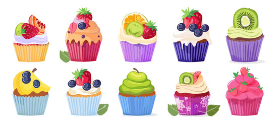 Illustration of berry muffins on a white background. Berry cupcake set.