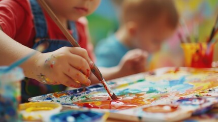 Naklejka premium Children Painting and Creating Art in Classroom