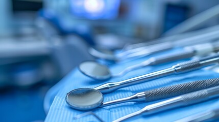 Close-Up of Dental Tools Arranged on a Blue Sterile Tray in Dental Clinic