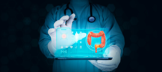 The doctor analyzes the large intestine with tissue damaged by cancer. 3D hologram of the large...