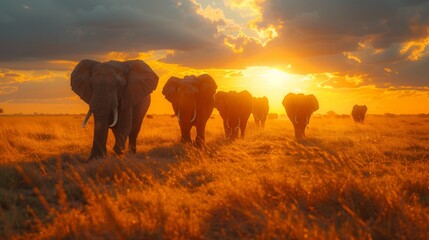 Group of elephants moving together in the warm glow of a setting sun on the plains.