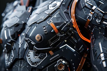 a close up of a black and orange armor