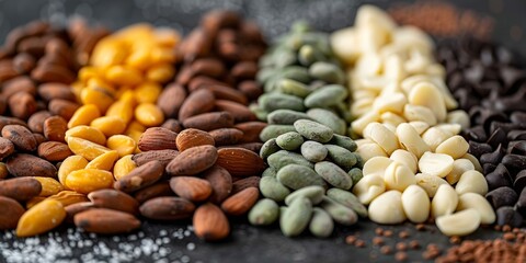 Fototapeta premium Variety of Chocolate Almonds in Yellow, Green, White, Grey, and Black Colors. Concept Chocolate Almonds, Colorful Varieties, Gourmet Treats, Nutty Delights, Unique Flavors
