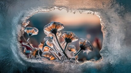 abstract art background of frozen summer flowers in ice