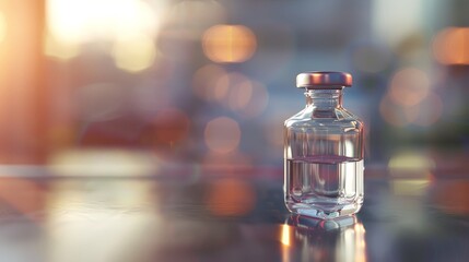 Low-angle view, photorealistic rendering, insulin vial on a reflective surface, sharp focus on glass texture and liquid clarity, subtle background blur for depth