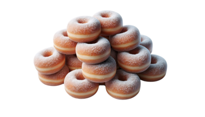 Several small sugar-coated doughnuts piled together on a transparent background