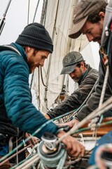 Men adjusting sailing equipment on sailboat