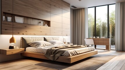 Interior of modern bedroom. Elegant Minimalist bedroom. Beautiful and large bedroom interior. Interior of a bright bedroom.