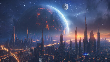 Fototapeta premium Galactic Cities - Futuristic cities set in space with visible galaxies and nebulae.
