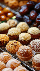 Traditional Eid Sweets and Dates, Eid feast, Islamic celebration, Family feast.