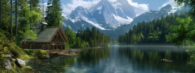 Obraz premium oil painting illustration of wooden cabin in coniferous forest beside lake 