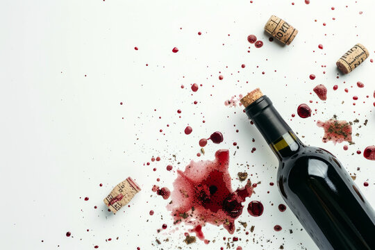 Red stains of spilled wine on a light background with a bottle and cork with space for text or inscriptions, top view

