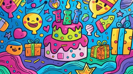 Joyful Doodle Birthday Party Celebration with Colorful Cake, Gifts, and Happy Guests in Party Hats