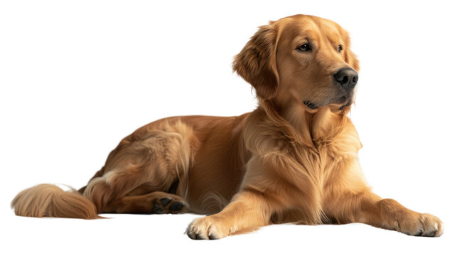 Golden retriever dog sitting on the floor, isolated on a white background