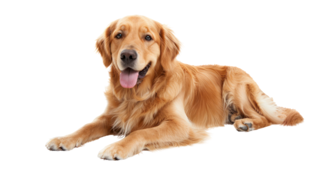 Golden retriever dog sitting on the floor, isolated on a white background