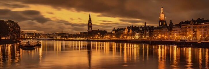 Fototapeta premium a city with a river and a bridge at night time
