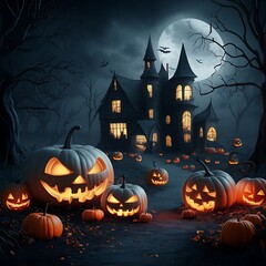 Halloween background with pumpkins and haunted house - 3D render. Halloween background with Evil Pumpkin. Spooky scary dark Night forrest. Holiday event halloween banner background concept. Generative
