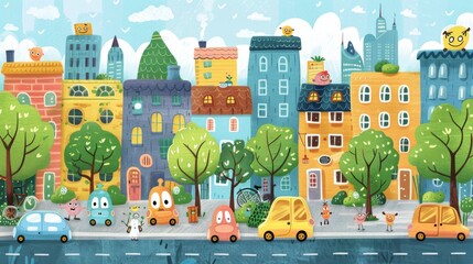 Playful Doodle Street Scene with Happy Cars, Cheery Houses, and Silly Pedestrians Waving Hello