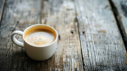 a cup of coffee sitting on top of a wooden table