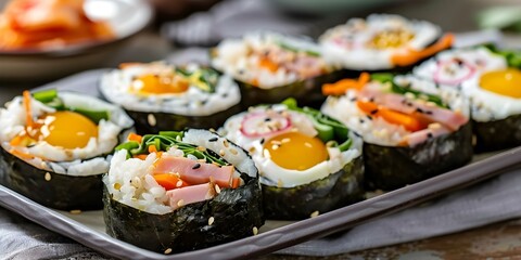Korean gimbap rice rolls with vegetables egg ham pickled radish and kimchi. Concept Korean Cuisine, Gimbap Rice Rolls, Vegetables, Egg, Ham, Pickled Radish, Kimchi