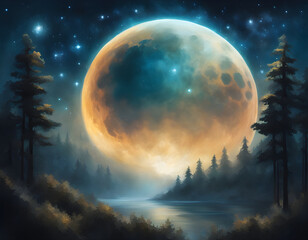 Fantastic oil painting beautiful big planet moon among stars in universe.-2