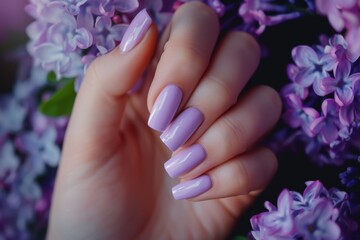 Fototapeta premium Hand Model With Long Nails Painted With A Lilac Nail Polish Lilac Flowers In The Background Nail Salon