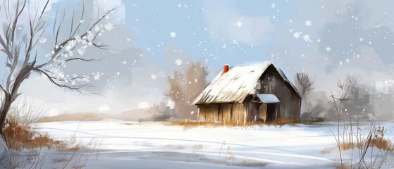 oil painting illustration of small wooden house in white snow field in wintertime 