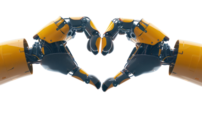 Heart shape with yellow human and robot hands isolated on white background. - Powered by Adobe