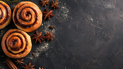 Tasty cinnamon rolls on black table space for text
