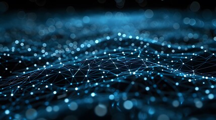 A digital network of interconnected nodes glowing in a dark space, representing data exchange, technology, and futuristic communication.