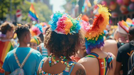 A group of people with rainbow umbrellas at a pride parade - Powered by Adobe