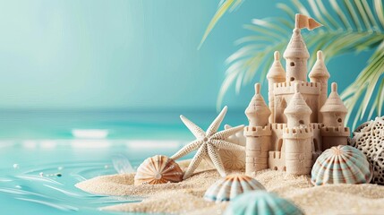 summer activities going to the beach setup flat design side view sandcastle building water color Monochromatic Color Scheme