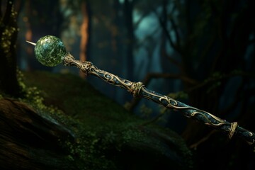 Magical wand with a glowing orb set against a dark, enchanted forest backdrop