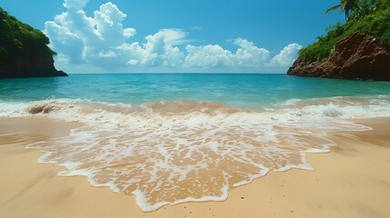Surf on the beach of a secluded tropical bay. Vacation and nature concept. Landscape view for wallpaper, poster, banner
