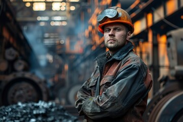 Portrait confident worker in steel factory