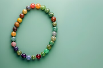 Obraz premium Variety of polished multicolored gemstone beads are artistically arranged in a circle on a smooth green background, offering a sense of harmony, balance, and spirituality