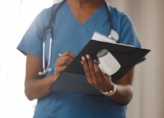 Healthcare, woman and hands with clipboard and thermometer in closeup for fever or covid protocol. Female person, nurse and stethoscope with paperwork for health checklist or risk inspection
