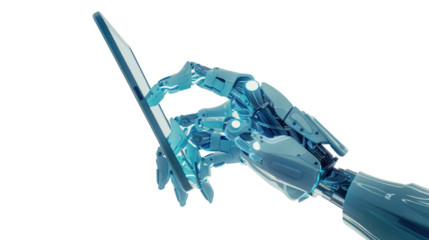 Human hand holds tablet with augmented reality screen software and blue tone of wireless robot arm.