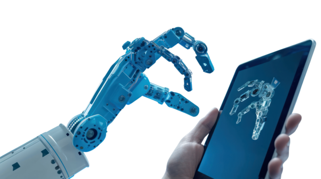 Human hand holds tablet with augmented reality screen software and blue tone of wireless robot arm. - Powered by Adobe