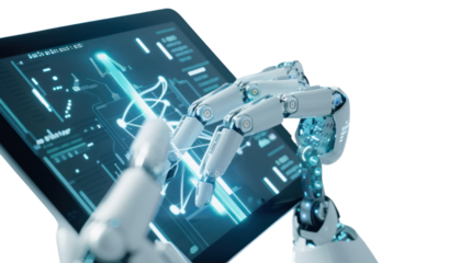 Human hand holds tablet with augmented reality screen software and blue tone of wireless robot arm.