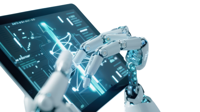 Human hand holds tablet with augmented reality screen software and blue tone of wireless robot arm.